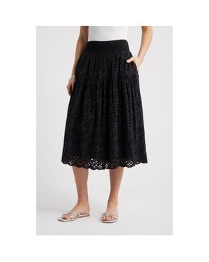 Caslon Smocked Waist Eyelet Midi Skirt - Black
