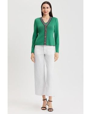 Ming Wang Family Savvy Contrast Trim Soft Knit Cardigan - Green