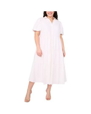 Cece Puff Sleeve Tiered Linen Blend Maxi Shirtdress - Pink