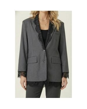 Modenaire Tailored Lace Trim Lapel Blazer - Gray