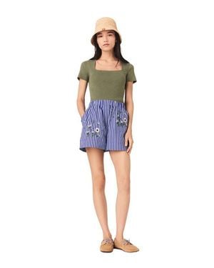 Maje Embroidered Striped Cotton Shorts - Blue