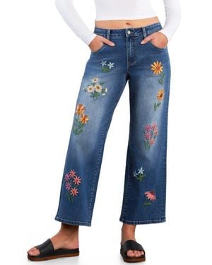 Billy T Meadow Kiss Floral Embroidered Ankle Straight Leg Jeans - Blue