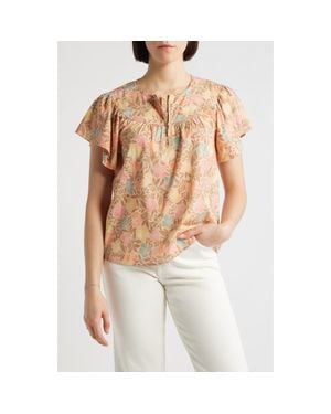 Wit & Wisdom Floral Flutter Sleeve Quarter Zip Top - Natural