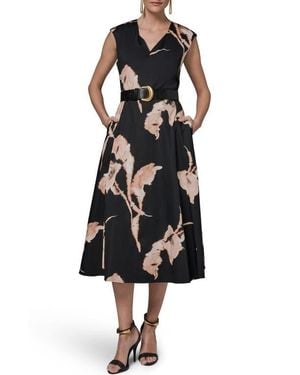Donna Karan Abstract Floral Sleeveless Stretch Cotton Midi Dress - Black