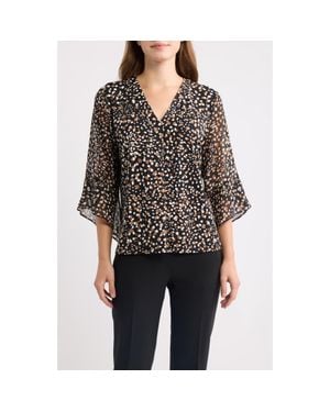 Anne Klein Print Mixed Media Split Neck Top - Black