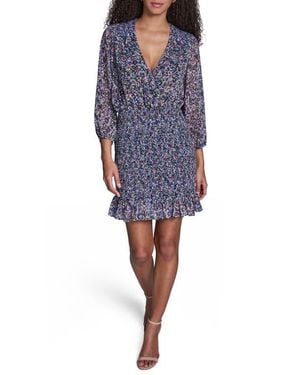 BCBGMAXAZRIA Floral Smocked Chiffon Minidress - Blue