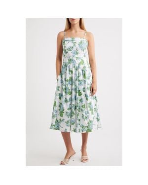 Cece Floral Fold Over Neck Drop Waist Cotton Midi Sundress - Green