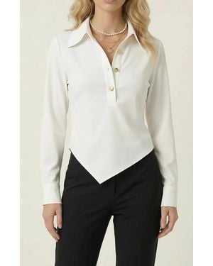 Modenaire Collared Button Front Blouse With Asymmetrical Hem - White