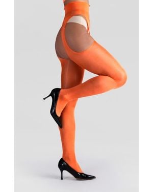 LECHERY Lustrous Silky Shiny Sheer Suspender Crotchless Tights - Orange