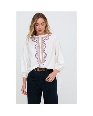 Raffya Anai Half Placket Embroidered Blouse - White