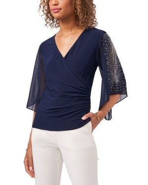 Chaus Embellished Split Sleeve Surplice Blouse - Blue