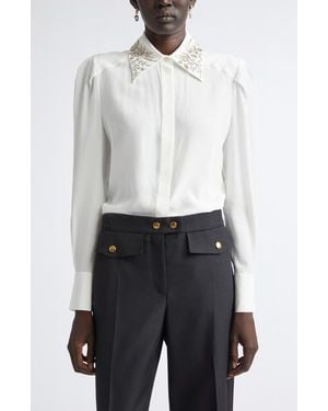 McQueen Beaded Collar Silk Button-Up Shirt - White