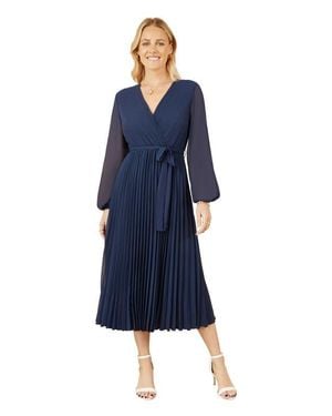 Yumi' Long Sleeved Pleated Midi Wrap Dress - Blue