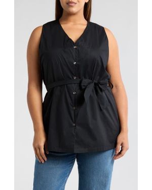 Harshman Reya Tie Waist Sleeveless Poplin Button-Up Top - Black