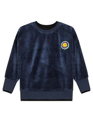 Space Grey Velour Sweatshirt With Smiley And Heart Applique - Blue
