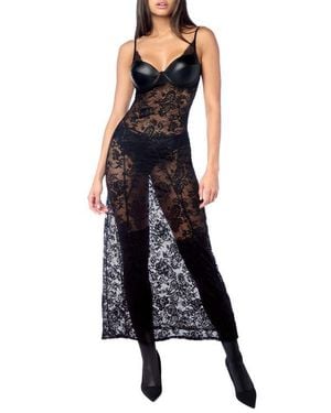 MAPALE Long Lace Chemise & Panties Set - Black