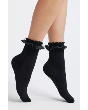 Casa Clara Chelsea Ruffle Cotton Blend Pointelle Crew Socks - Black
