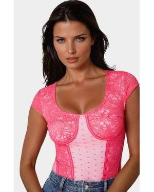 Bebe Swiss Dot Lace Bodysuit - Pink