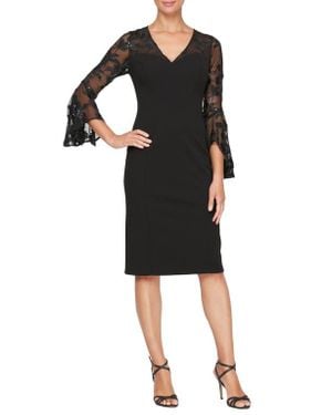 Alex Evenings Embroidered Illusion Bell Sleeve Sheath Dress - Black