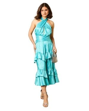 Oasis Halterneck Satin Jacquard Midi Dress - Blue