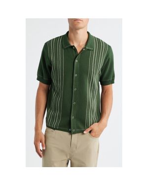 Percival Accolades Embroidered Stripe Short Sleeve Knit Cotton Snap-Up Shirt - Green