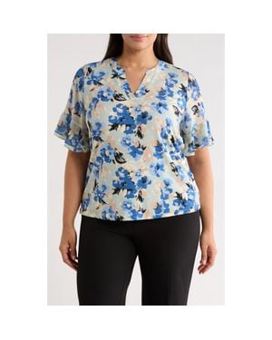 Anne Klein Floral Ruffle Sleeve Top - Blue