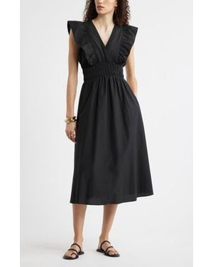 Nordstrom Flutter Sleeve Smocked Waist Midi Dress - Black