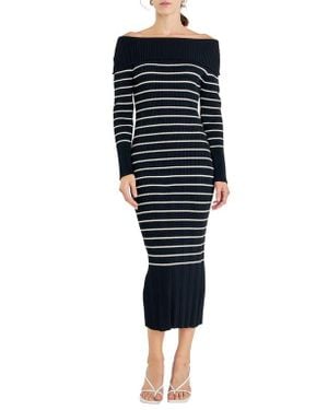Endless Rose Stripe Off The Shoulder Long Sleeve Sweater Dress - Black