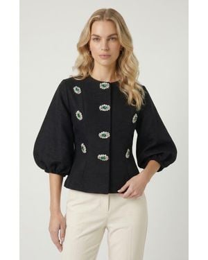 Modenaire Embellished Puff Sleeve Button Jacket - Black