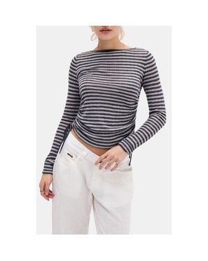 BDG Stripe Side Ruched Sheer Knit Top - Blue
