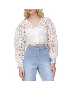 Avec Les Filles Lace Puff Sleeve Crop Shirt - White