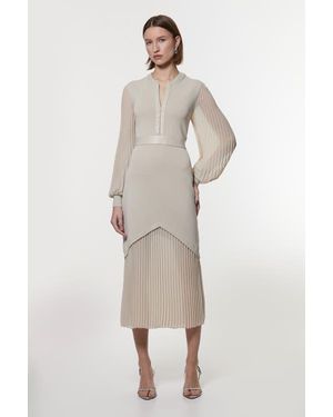 Karen Millen Woven Sleeved Pleated Dress - Natural