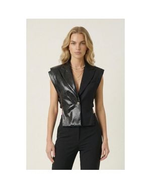 Modenaire Mixed Texture Sleeveless Embossed Blazer Top - Black