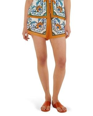 FARM Rio Flora Tile Print Linen Blend Shorts - Blue