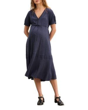 HATCH The V-Neck Gingham Seersucker Dress - Blue