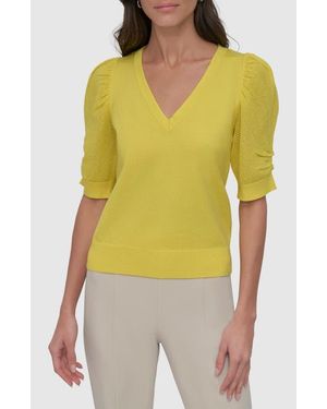 DKNY Puff Sleeve V-Neck Sweater - Yellow