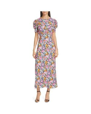 Saloni Bianca Puff Sleeve Silk Midi Dress - Red