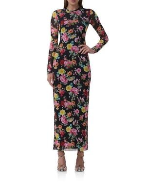 AFRM Didi Printed Long Sleeve Mesh Maxi Dress - Black