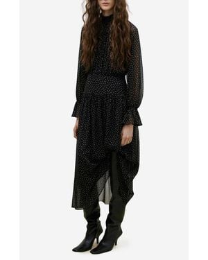 Mango Polka Dot Long Sleeve Midi Dress - Black