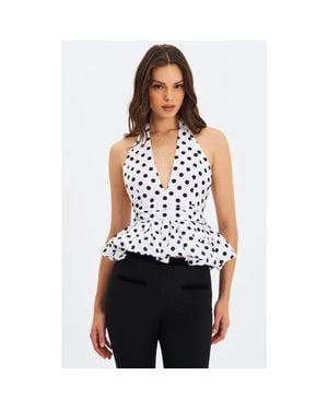 Miss Circle Ileneilene Halter Peplum Polka Dot Blouse Top - White