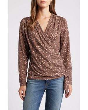 Loveappella Dot Print Faux Tie Wrap Top - Red