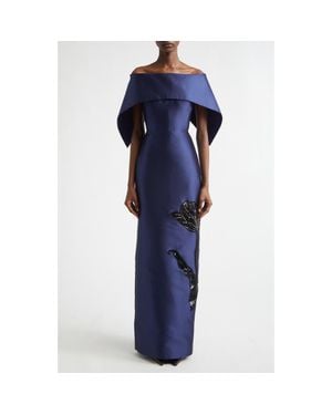 Erdem Beaded Off The Shoulder Mikado Column Gown - Blue