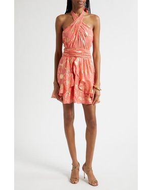 Ramy Brook Reuben Metallic Daisy Print Mini Halter Dress - Red