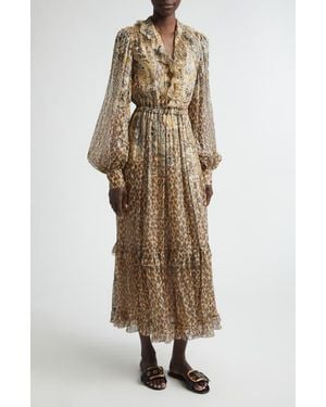 Etro Silk Blend Metallic Plissé Maxi Dress - Natural