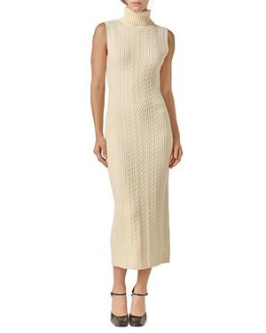 English Factory Sleeveless Turtleneck Cable Stitch Maxi Sweater Dress - Natural