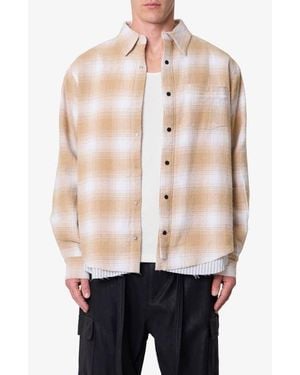 MNML Oversize Plaid Double Layered Cotton Flannel Snap-Up Overshirt - Natural