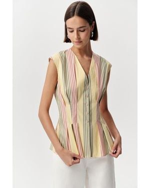 Exquise Biana V Neck Sleeveless Pleated Waist Shirt - Multicolor