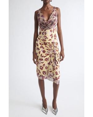 Rabanne Chain Mail Floral Ruched Cowl Neck Dress - White