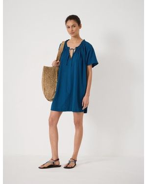 Hush Tie Neck Short Sleeve Beach Mini Dress - Blue