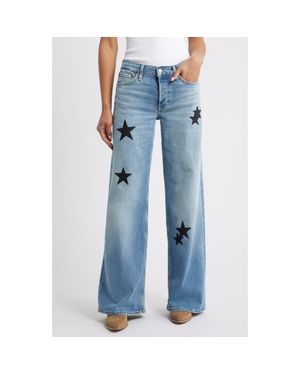 RE/DONE Mid Rise Embellished Appliqué Wide Leg Jeans - Blue